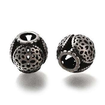 304 Stainless Steel European Beads, Large Hole Beads, Round with Flower, Antique Silver, 9.5x9mm, Hole: 4mm