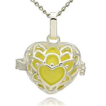 Silver Color Plated Brass Hollow Heart Cage Pendants, with No Hole Spray Painted Brass Round Beads, Yellow, 24x26x18mm, Hole: 3x8mm