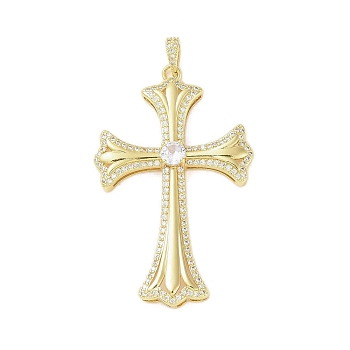 Real 18K Gold Plated Brass Micro Pave Cubic Zirconia Pendants, with Glass, Cross, Clear, 60.5x38x7.5mm, Hole: 4x6mm