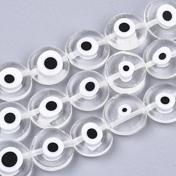 Handmade Evil Eye Lampwork Beads Strands, Flat Round, Clear, 11~13x4~5mm, Hole: 1.2mm, about 31~33pcs/strand, 14.1 inch~15.3 inch