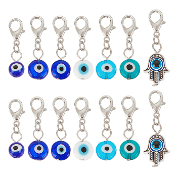 Handmade Evil Eye Lampwork & Tibetan Style Alloy Pendant Decorations for Pet Collar, with Lobster Claw Clasps, Flat Round & Round & Hamsa Hand, Mixed Color, 28~37mm, 7 style, 2pcs/style, 14pcs/box