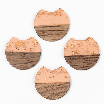 Transparent Resin & Walnut Wood Pendants, with Gold Foil, Gap Flat Round, Dark Salmon, 34x36.5x3mm, Hole: 2mm