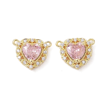 Rack Plating Brass Pave Misty Rose Cubic Zirconia Connector Charms, Heart Links, Real 18K Gold Plated, 12x15x6mm, Hole: 1mm
