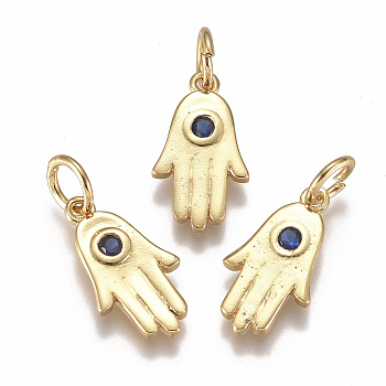 Brass Micro Pave Cubic Zirconia Charms, with Jump Ring, Long-Lasting Plated, Hamsa Hand/Hand of Fatima/Hand of Miriam, Blue, Real 18K Gold Plated, 14x8x2mm, Hole: 3mm