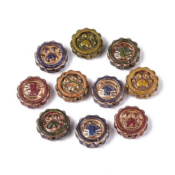 Picasso Baking Paint & Golden Metal Enlaced Glass Beads, Flat Round & Footprint, Mixed Color, 15x5.5~6mm, Hole: 0.8~1.2mm