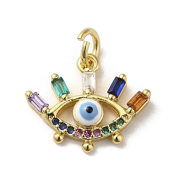 Brass Micro Pave Cubic Zirconia Pendants, with Enamel and Glass, with Jump Ring, Real 18K Gold Plated, Evil Eye, Colorful, 13x15.5x3.5mm, Hole: 3.2mm