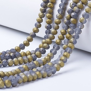 Electroplate Transparent Glass Beads Strands, Half Plated, Faceted, Matte, Rondelle, Golden Plated, 2.5x2mm, Hole: 0.4mm, about 199pcs/strand, 13.4 inch(34cm)