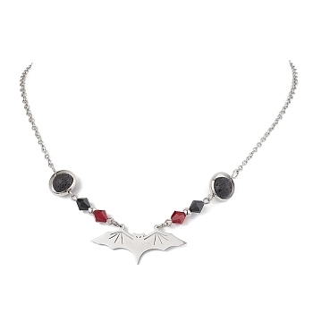 201 Stainless Steel Bat Pendant Necklaces, Natural Lava Rock and Imitation Austrian Crystal Beaded Necklace for Women, Stainless Steel Color, 17.52 inch(44.5cm)