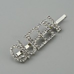 Word QUEEN Alloy Rhinestone Hair Bobby Pins, Hair Accessories for Girls, Silver, 73x19x6mm, QUEEN: 57.5x18mm(FIND-WH0152-34G-S)