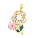 Valentine's Day Brass Micro Pave Cubic Zirconia Pendants, with Enamel & Shell, Flower Charms, Long-Lasting Plated, Rack Plating, Lead Free & Cadmium Free, Real 18K Gold Plated, 23.5x15.5x3.5mm, Hole: 5.5x3mm(KK-H273-15G)