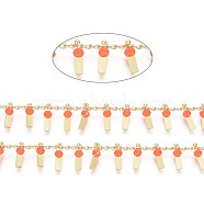 3.28 Feet Handmade Glass Beaded Chains, with Real 18K Gold Plated Brass Curb Chains, Long-Lasting Plated, Soldered, Lead Free & Cadmium Free, Rectangle, Orange Red, 2.5x1.8x0.3mm, Rectangle: 9x3x3mm(X-CHC-I029-09P)