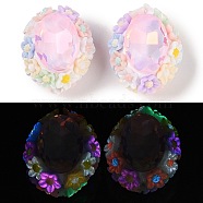 Handmade Luminous Polymer Clay Glass Rhinestone Beads, with Acrylic, Oval with Flower, Pink, 25.5~26x21.5~22x17mm, Hole: 2mm(CLAY-H003-05C)