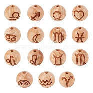 Wood Beads, Round with Constellation, BurlyWood, In Diameter: 16mm, Thick: 15mm, Hole: 4mm, 30pcs/box(WOOD-CA0001-04)