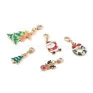 Christmas Theme Light Gold  Alloy Enamel Pendants, with Lobster Claw Clasps, Tree & Reindeer/Stag & Santa Claus & Wreath, Mixed Color, 30~45mm(X1-HJEW-JM00470)