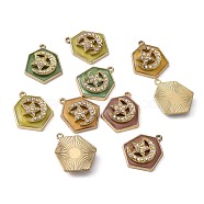 Alloy Rhinestone Pendants, with Epoxy Resin, Hexagon with Moon & Star, Light Gold, Crystal, Mixed Color, 26x21x4~5mm, Hole: 1.4~1.6mm(ALRI-N034-03)
