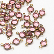 Brass Glass Links/Connectors, Faceted Flat Round, Raw(Unplated), Pink, 13x6~7x3mm, Hole: 2mm(KK-Q576-11D)