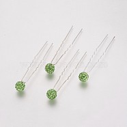 (Defective Closeout Sale), Lady's Hair Forks, with Silver Color Plated Iron Findings and Polymer Clay Rhinestone Hair Forks, Round, Peridot, Olive Drab, 75mm(PHAR-XCP0001-J02)