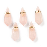 Faceted Natural Rose Quartz Pendants, Openable Perfume Bottle, with Golden Tone Brass Findings, 39~42x14~16x13~14mm, Hole: 2mm, capacity: 1ml(0.03 fl. oz)(G-H252-D07)