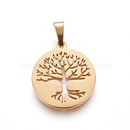 304 Stainless Steel Pendants, Flat Round with Tree, Golden, 19~20x16~17x1.5mm, Hole: 5x2.5mm(STAS-P234-37G)