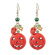 Pumpkin Synthetic Turquoise Dangle Earrings, Glass Beaded Earrings for Women, Golden, 69x24.5mm(EJEW-TA00517)