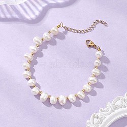 Natural Cultured Freshwater Pearl Beaded Bracelets for Women, Oval, with Brass Beads, Real 18K Gold Plated, Seashell Color, 7.60 inch(19.3cm)(BJEW-JB13320)