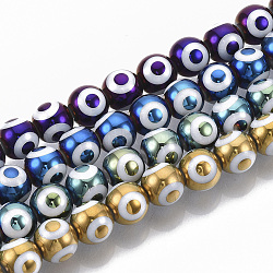 Electroplate Glass Beads Strands, Round with Evil Eye Pattern, Mixed Color, 8x7.5mm, Hole: 1.2mm, about 40pcs/strand, 12.2 inch(EGLA-T012-02-8MM)