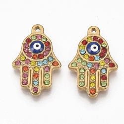 304 Stainless Steel Pendants, with Colorful Rhinestone and Enamel, Hamsa Hand/Hand of Fatima/Hand of Miriam with Evil Eye, Golden, 24x15x3.5mm, Hole: 1.6mm(X-STAS-T050-016G)