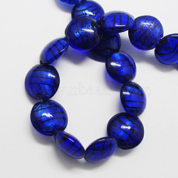 Handmade Silver Foil Glass Beads, Flat Round, Blue, 20x20x5mm, Hole: 3mm(FOIL-R055-8)