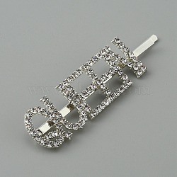 Word QUEEN Alloy Rhinestone Hair Bobby Pins, Hair Accessories for Girls, Silver, 73x19x6mm, QUEEN: 57.5x18mm(FIND-WH0152-34G-S)
