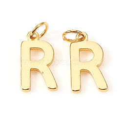 Brass Charms, with Jump Rings, Letter, Real 18K Gold Plated, Letter.R, R: 10x5.5x1mm, Hole: 2.5mm(X-KK-I672-01R-G)