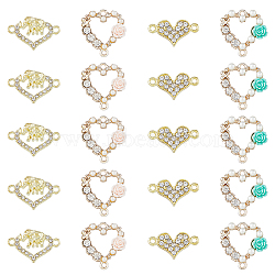 32Pcs 4 Styles Alloy Crystal Rhinestone Connector Charms, Light Gold, with Resin, Heart Links, Golden, 12~20.5x19~21.5x2~5mm, Hole: 1.6mm, 8pcs/style(FIND-DC0003-53)