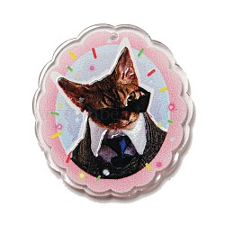 Acrylic Pendant, Animal Theme, Cat, Oval, 39.5x36.5x2.5mm, Hole: 1.5mm(OACR-H117-01B-01)
