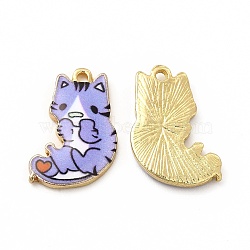 Rack Plating Alloy Pendants, Printed, Lead Free & Cadmium Free & Nickel Free, Cat Charm, Light Gold, Medium Purple, 21x14x2.5mm, Hole: 1.8mm(FIND-H043-06LG-01)