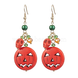 Pumpkin Synthetic Turquoise Dangle Earrings, Glass Beaded Earrings for Women, Golden, 69x24.5mm(EJEW-TA00517)