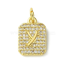 Rack Plating Brass Micro Pave Clear Cubic Zirconia Charms, Long-Lasting Plated, Lead Free & Cadmium Free, Rectangle with Letter Pattern, with Jump Ring, Real 18K Gold Plated, Letter Y, 14x9.5x2mm, Hole: 3mm(KK-G501-01Y-G)