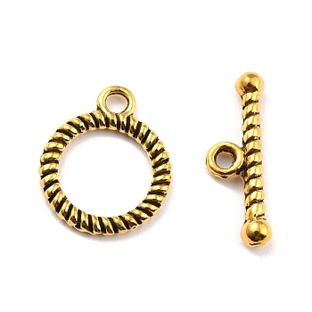 Tibetan Style Toggle Clasps, Lead Free and Cadmium Free, Rondelle, Antique Golden, Size: Ring: about 16mm long, 13mm in diameter, Bar: 18mm long, 6mm wide, 2mm thick, hole: 2mm