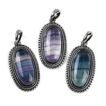 Natural Colorful Fluorite Pendants, Oval Charms, with Antique Silver Tone Alloy Findings, Cadmium Free & Lead Free, 40x20.5x7.5mm, Hole: 6.5x7mm