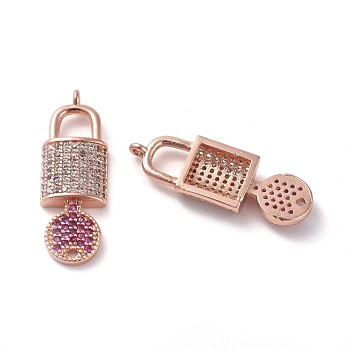 Brass Micro Pave Cubic Zirconia Links connectors, Lock & Key, Clear & Fuchsia, Rose Gold, 26.2x9x3.2mm, Hole: 0.7mm
