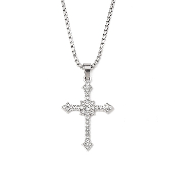 Zinc Alloy with Rhinestone Cross Pendant Necklaces, 201 Stainless Steel Chains Necklaces, Stainless Steel Color, 23.62 inch(60cm), Cross: 39x28mm