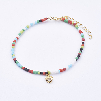 Brass Charm Bracelets, with Frosted Lampwork Beads and Spring Clasps, Heart, Colorful, 6-1/2 inch(165mm)