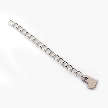 304 Stainless Steel Chain Extender, with Heart Chain Tab, Stainless Steel Color, 58x3mm