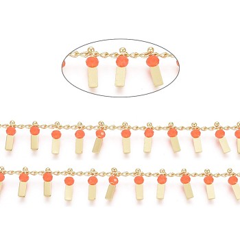 3.28 Feet Handmade Glass Beaded Chains, with Real 18K Gold Plated Brass Curb Chains, Long-Lasting Plated, Soldered, Lead Free & Cadmium Free, Rectangle, Orange Red, 2.5x1.8x0.3mm, Rectangle: 9x3x3mm