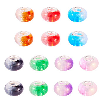 20Pcs Two Tone Resin European Beads, Rondelle Large Hole Beads, with Platinum Tone Alloy Double Cores, Mixed Color, 14x9mm, Hole: 5mm