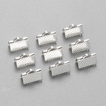 Iron Ribbon Crimp Ends, Silver Color Plated, about 7mm long, 10mm wide, hole: 2mm