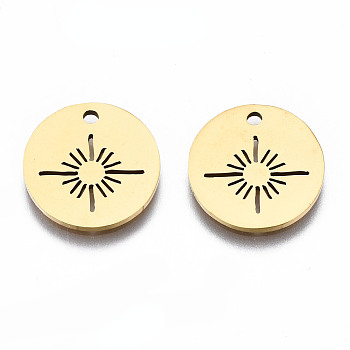 201 Stainless Steel Pendants, Laser Cut, Flat Round with Sun, Golden, 15.5x14.5x1mm, Hole: 1.6mm