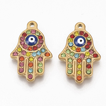 304 Stainless Steel Pendants, with Colorful Rhinestone and Enamel, Hamsa Hand/Hand of Fatima/Hand of Miriam with Evil Eye, Golden, 24x15x3.5mm, Hole: 1.6mm