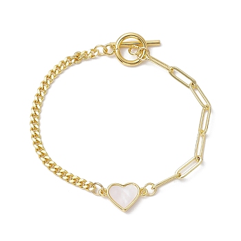 Brass Shell Heart Link Bracelets, Curb Chains & Paperclip Chains Bracelets for Women, Golden, 7-1/2 inch(19cm)