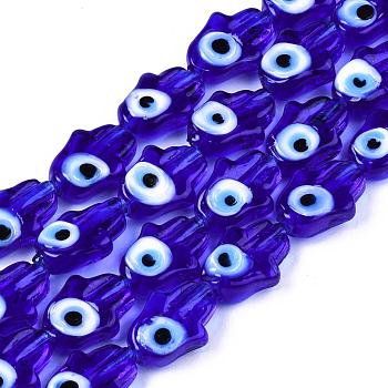 Handmade Evil Eye Lampwork Beads Strands, Hamsa Hand, Blue, 14x10x4mm, Hole: 1mm, about 28pcs/strand, 14.65~14.96 inch(37.2~38cm)