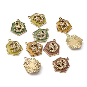 Alloy Rhinestone Pendants, with Epoxy Resin, Hexagon with Moon & Star, Light Gold, Crystal, Mixed Color, 26x21x4~5mm, Hole: 1.4~1.6mm