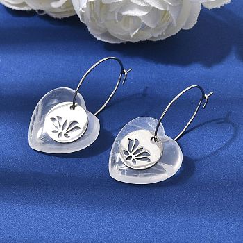 Natural Quartz Crystal & 304 Stainless Steel Hoop Earrings for Women, Flat Round with Flower Pattern & Heart, Stainless Steel Color, 35x20mm